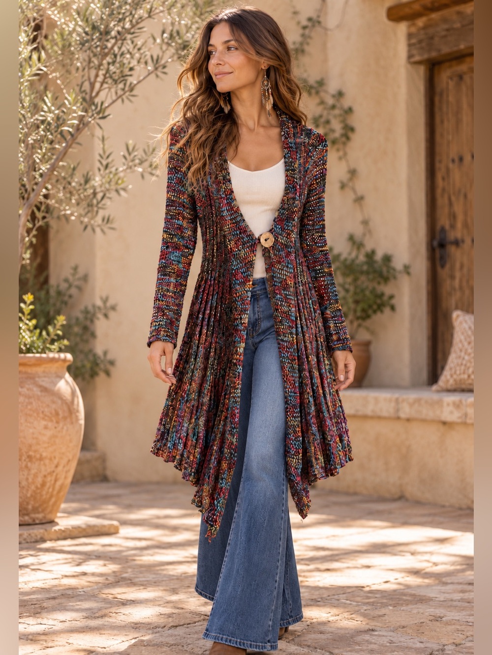 Bellissima S Multicolor Knit Duster Cardigan Crochet Back Wood Button Womens
